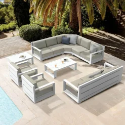 Salon de jardin d'angle aluminium 10 places Elba Blanc et taupe