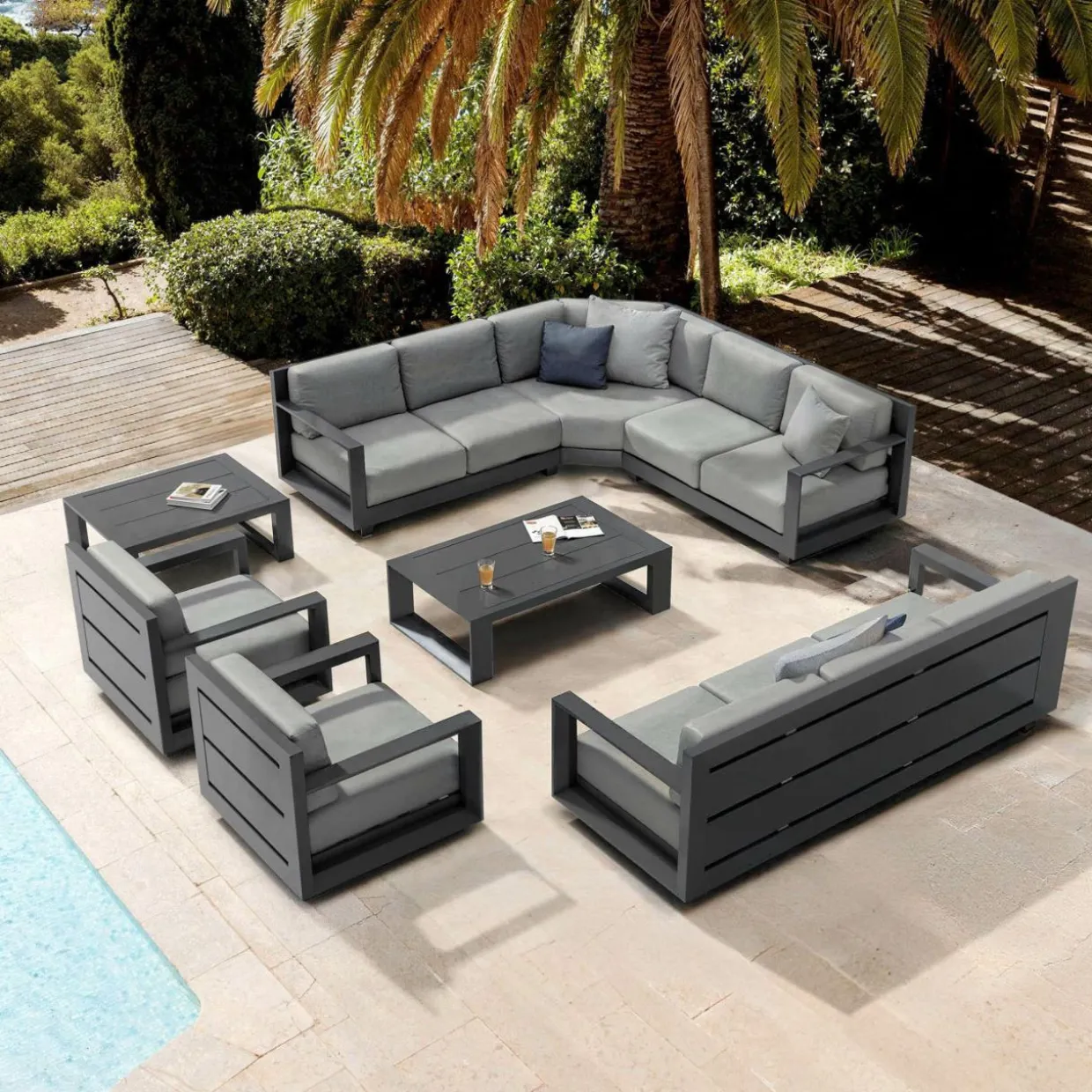 Salon de jardin d'angle aluminium 10 places Elba Gris anthracite