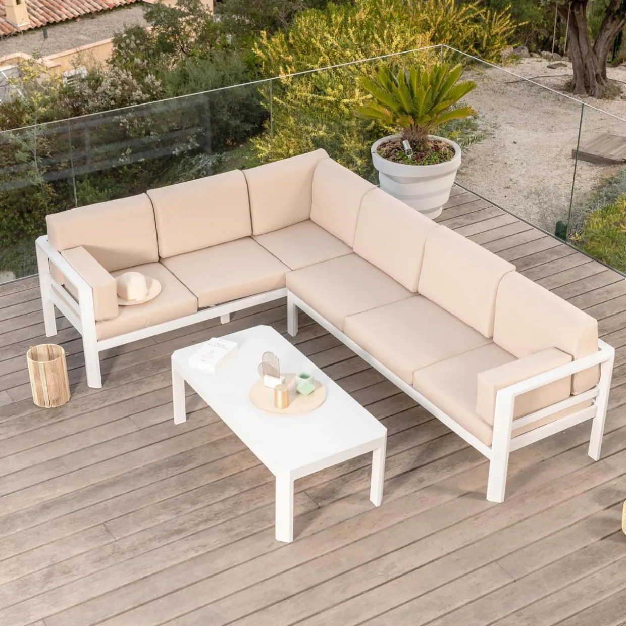 Salon de jardin d'angle en aluminium 6 places Ostara Blanc et taupe