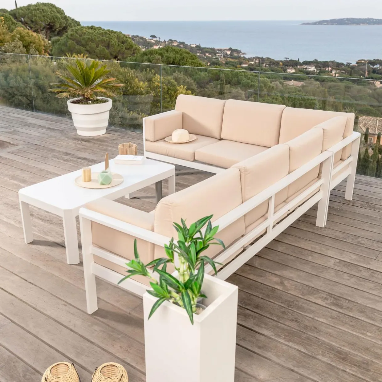 Salon de jardin d'angle en aluminium 6 places Ostara Blanc et taupe