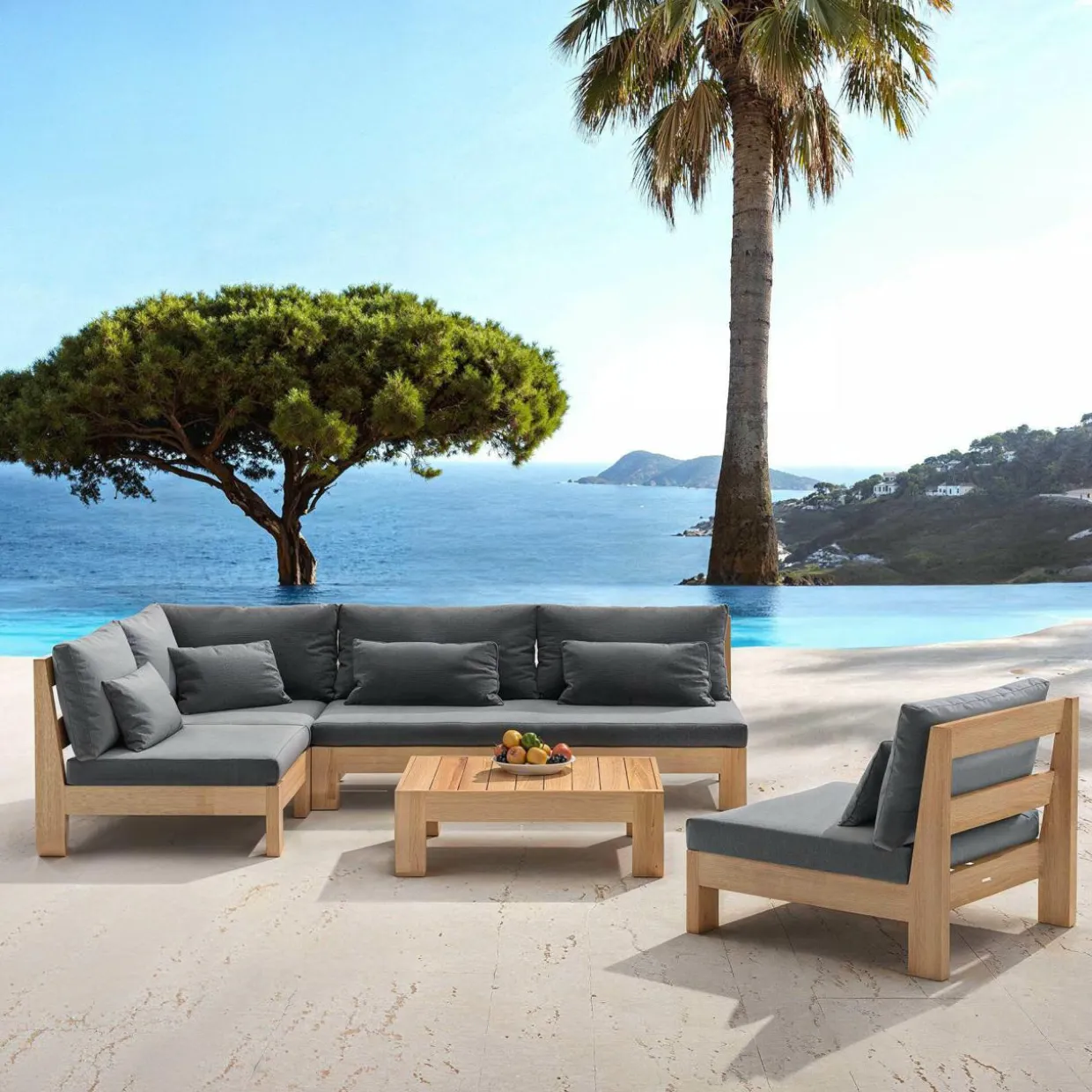 Salon de jardin d'angle en bois d'acacia 6 places 5 pcs Borneo Gris anthracite