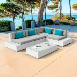 Salon de jardin d'angle en résine tressée 5 places Palma Blanc et gris