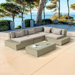 Salon de jardin d'angle en résine tressée 5 places Palma Gris et taupe