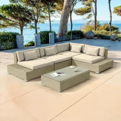 Salon de jardin d'angle en résine tressée 5 places Palma Gris et beige