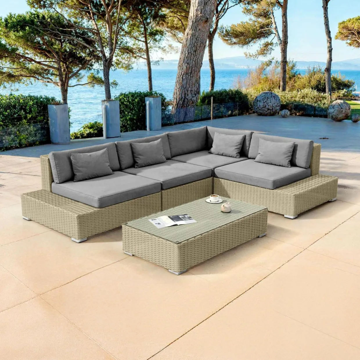 Salon de jardin d'angle en résine tressée 5 places Palma Gris et anthracite