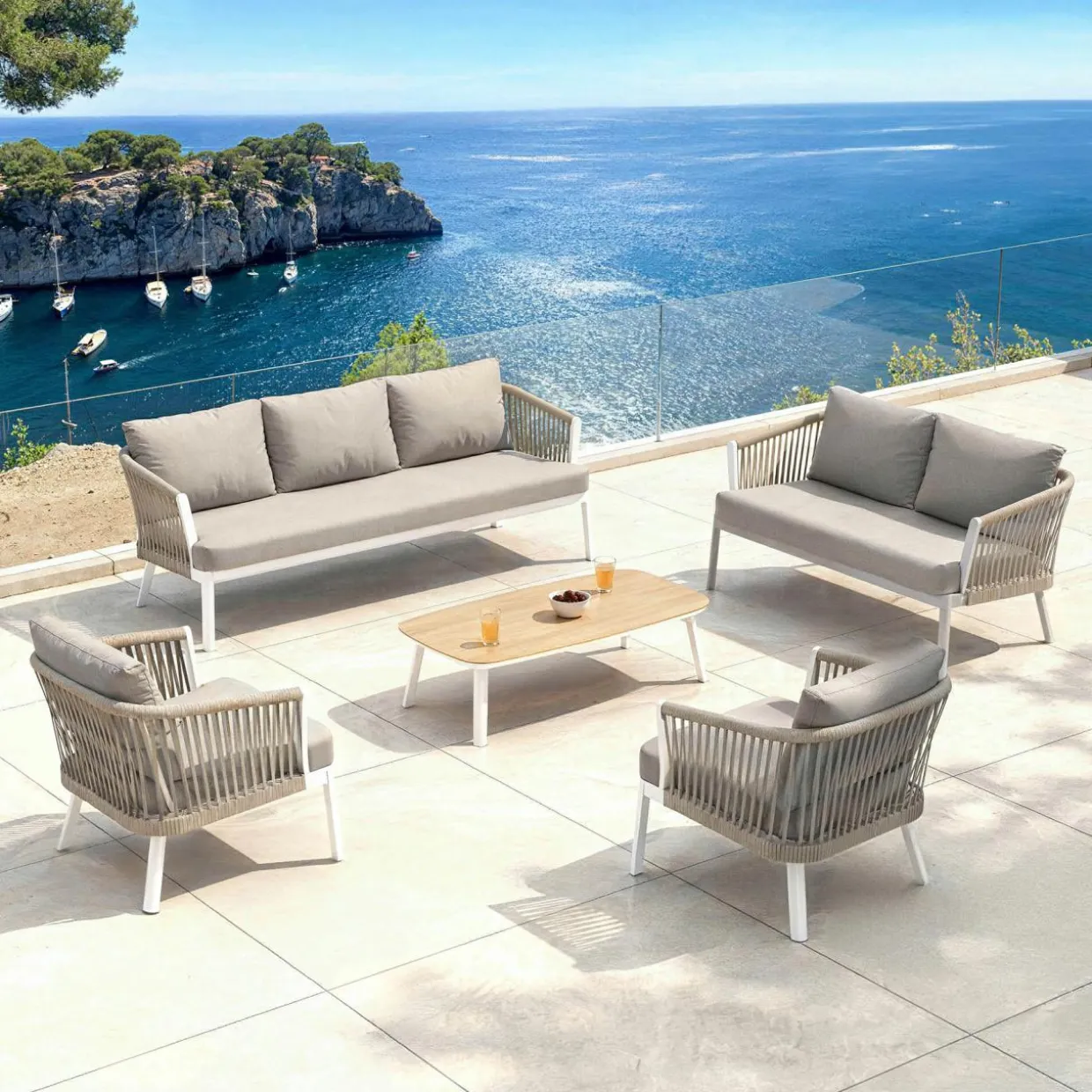 Salon de jardin en aluminium 7 places 5 pcs Amalfi Blanc et taupe