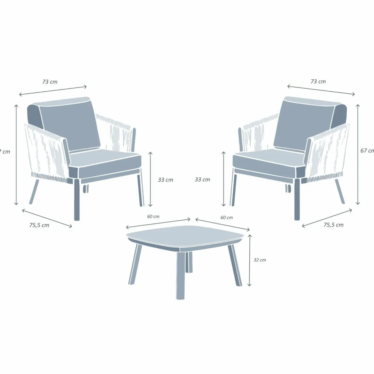 Salon de jardin en aluminium 2 places 3 pcs Amalfi Gris anthracite