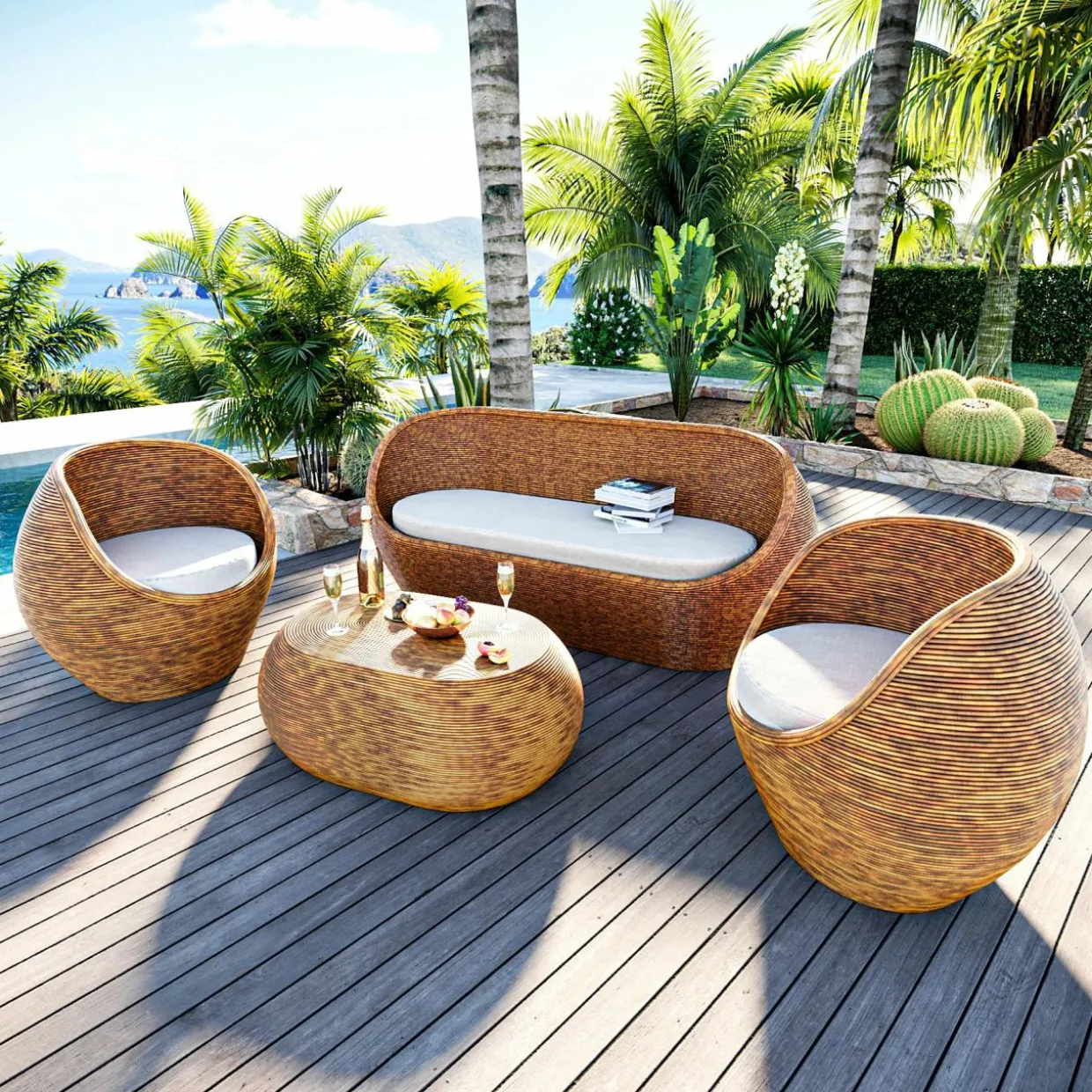 Salon de jardin en rotin 5 places Trinidad Naturel beige
