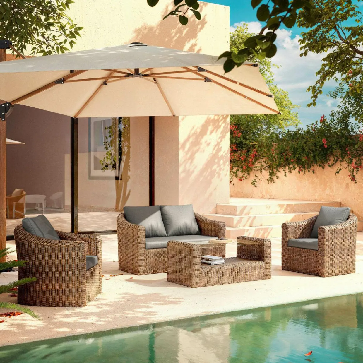Salon de jardin en résine tressée 4 places 4 pcs Calvi Sepia et gris foncé