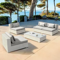 Salon de jardin en résine tressée 4 places 4 pcs Palma Blanc et gris