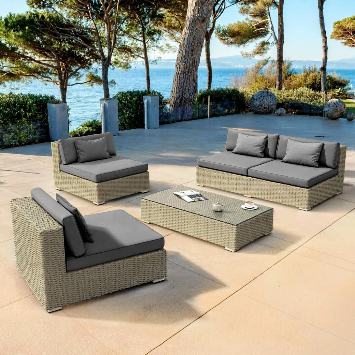 Salon de jardin en résine tressée 4 places 4 pcs Palma Gris et anthracite