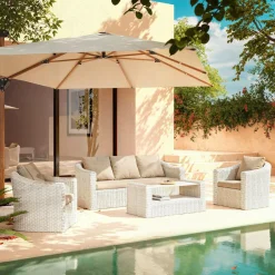 Salon de jardin en résine tressée 5 places 4 pcs Calvi Blanc et taupe