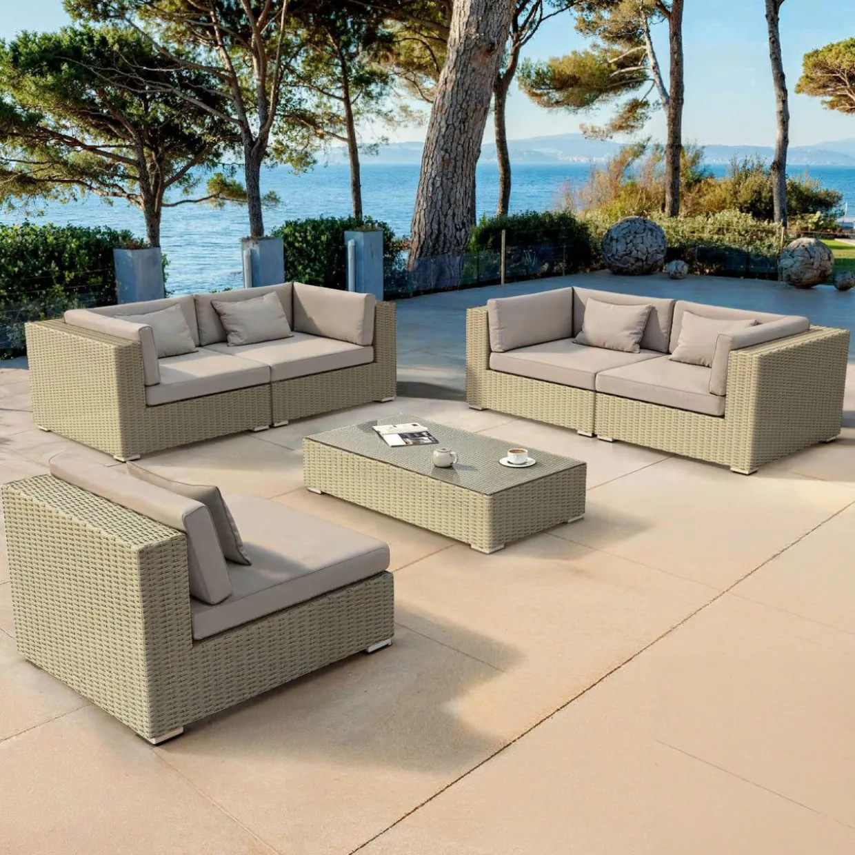 Salon de jardin en résine tressée 5 places 6 pcs Palma Gris et taupe