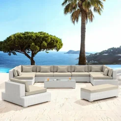 Salon de jardin en résine tressée 9 places 9 pcs Palma Blanc et beige