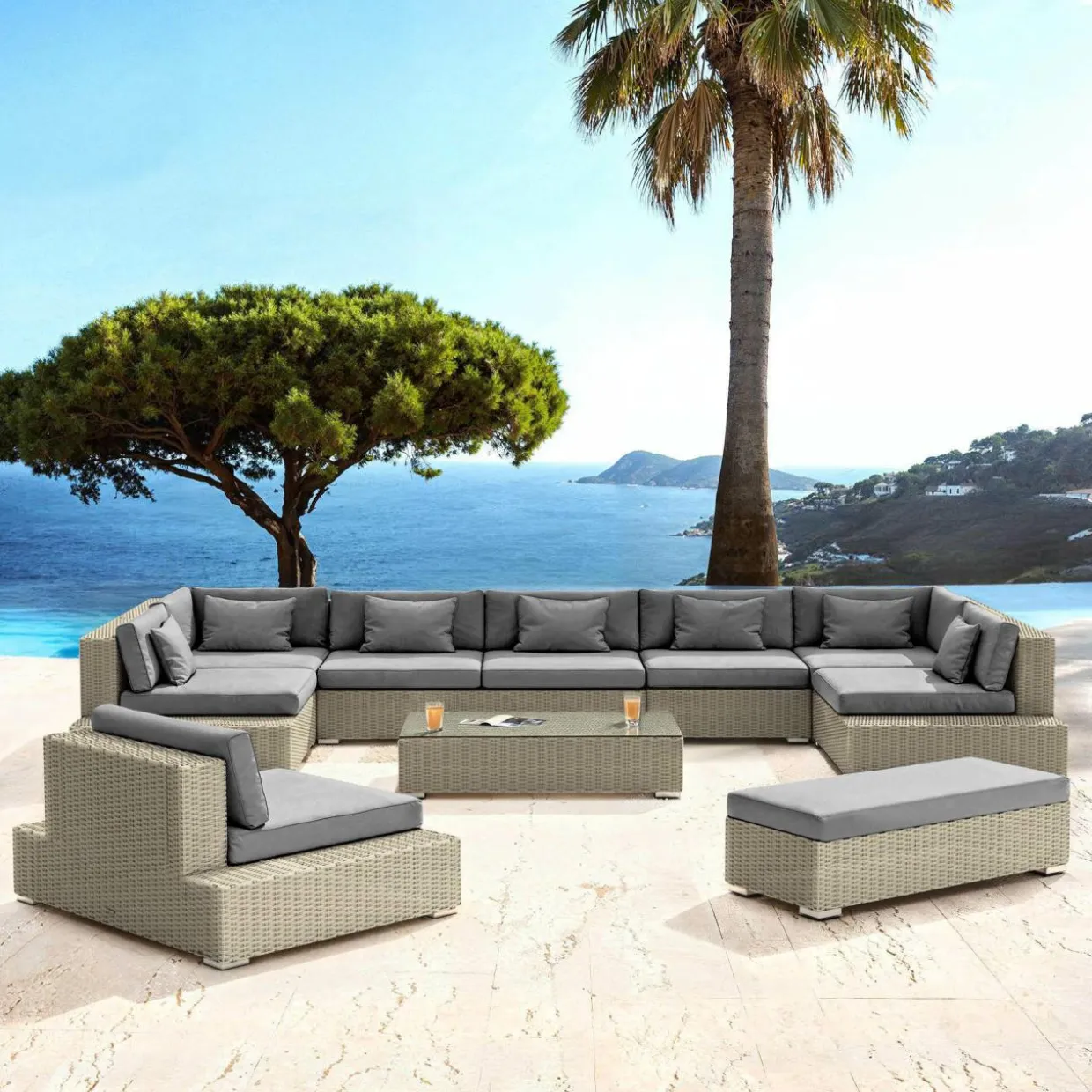 Salon de jardin en résine tressée 9 places 9 pcs Palma Gris et anthracite