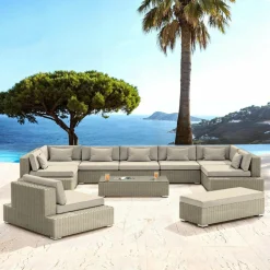 Salon de jardin en résine tressée 9 places 9 pcs Palma Gris et beige