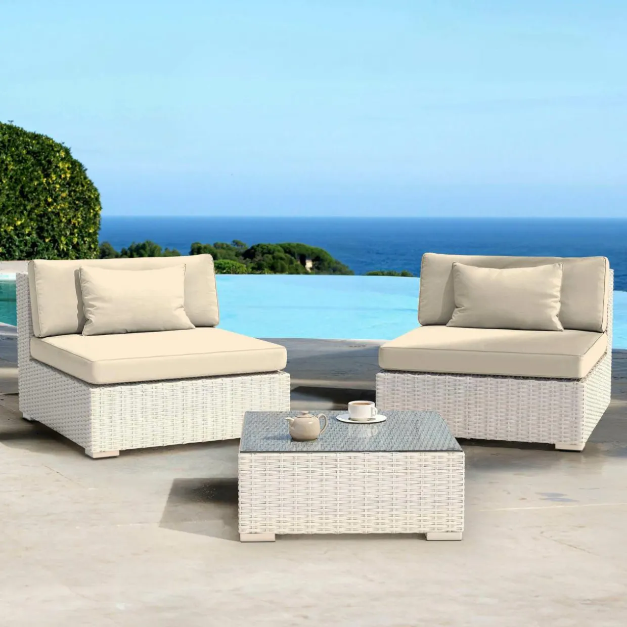 Salon de jardin en résine tressée 2 places 3 pcs Palma Blanc et beige