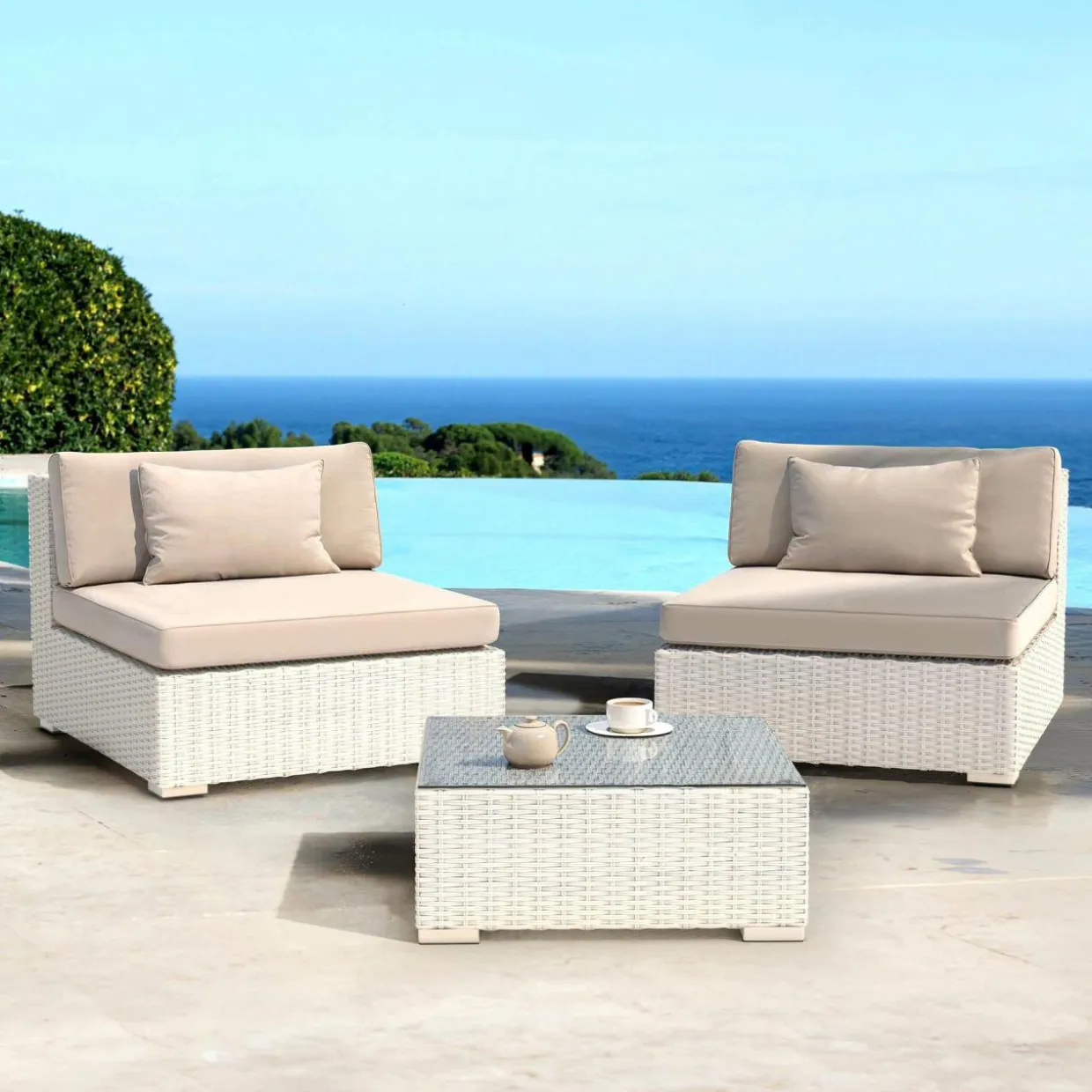 Salon de jardin en résine tressée 2 places 3 pcs Palma Blanc et taupe