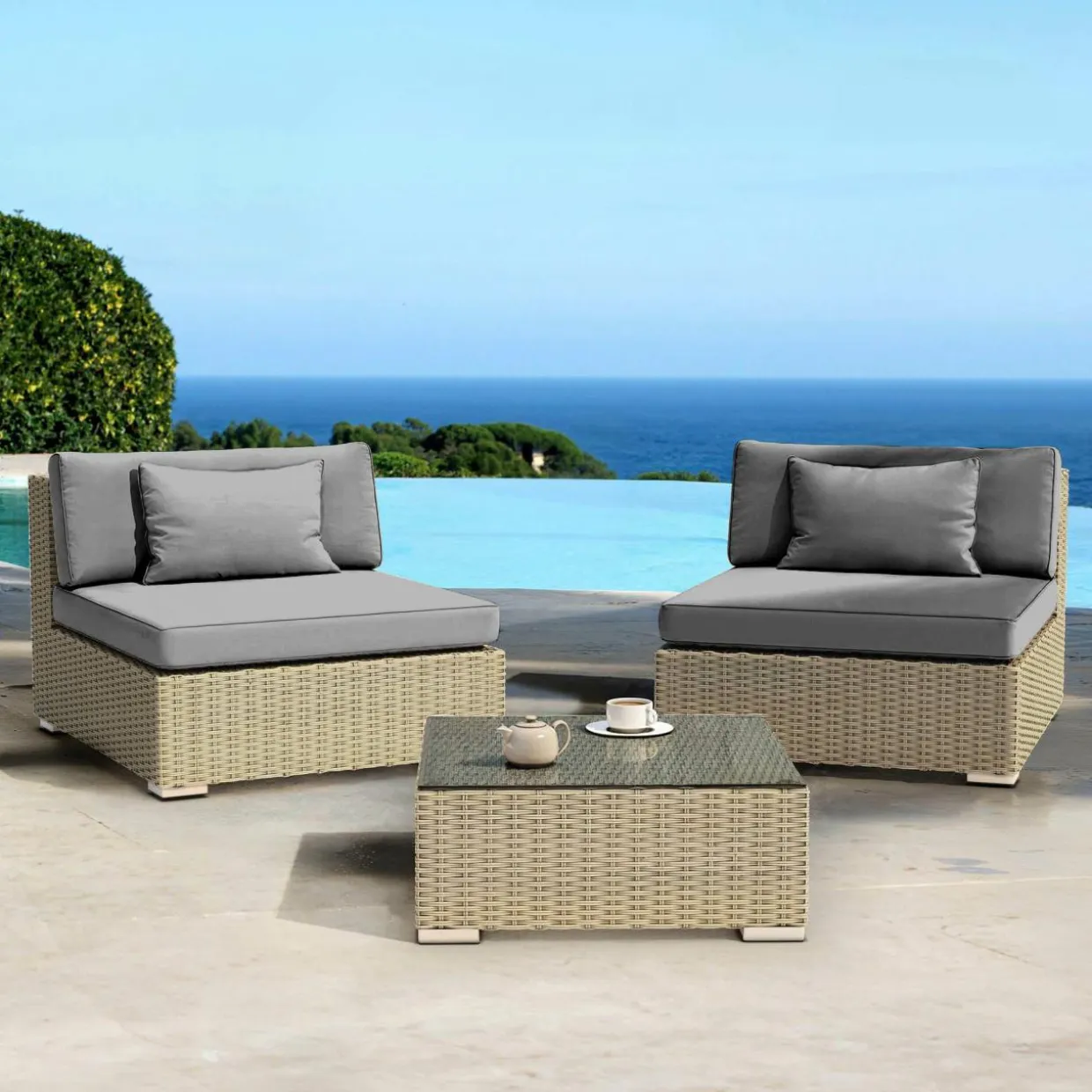 Salon de jardin en résine tressée 2 places 3 pcs Palma Gris et anthracite