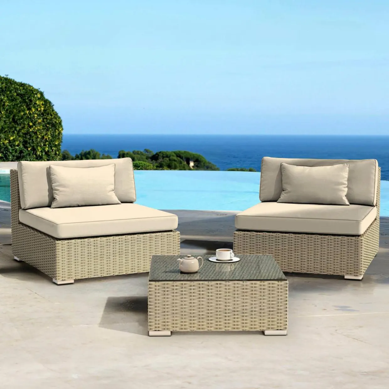 Salon de jardin en résine tressée 2 places 3 pcs Palma Gris et beige