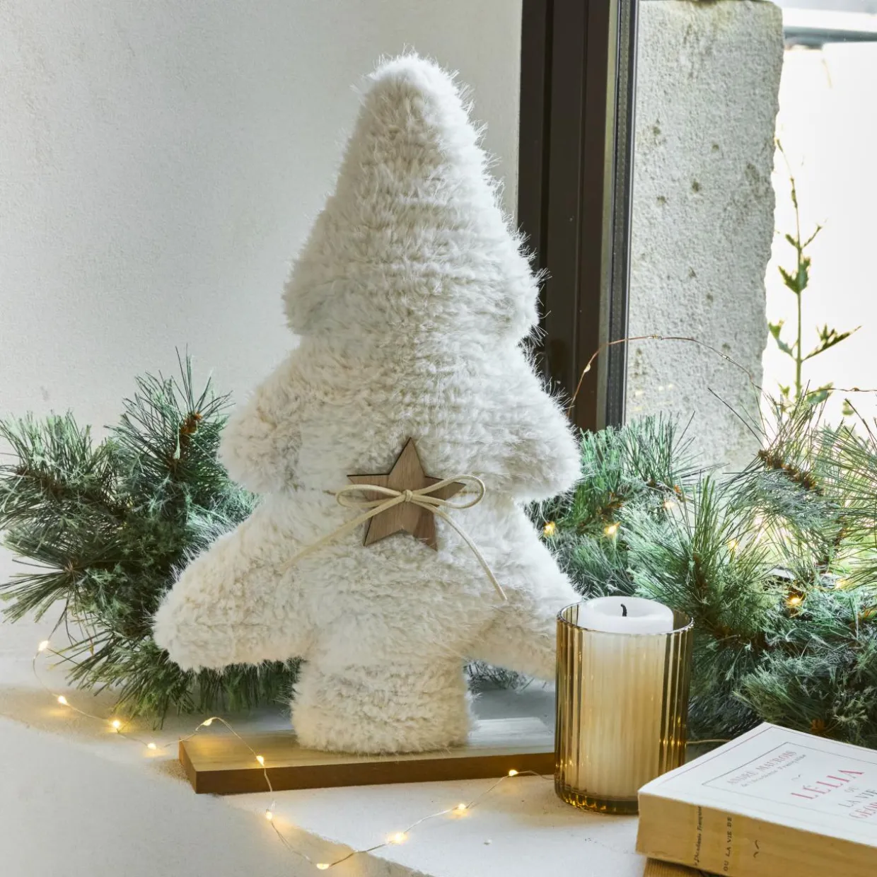 Sapin de Noël fausse fourrure à poser (H38 cm) Neige Blanche