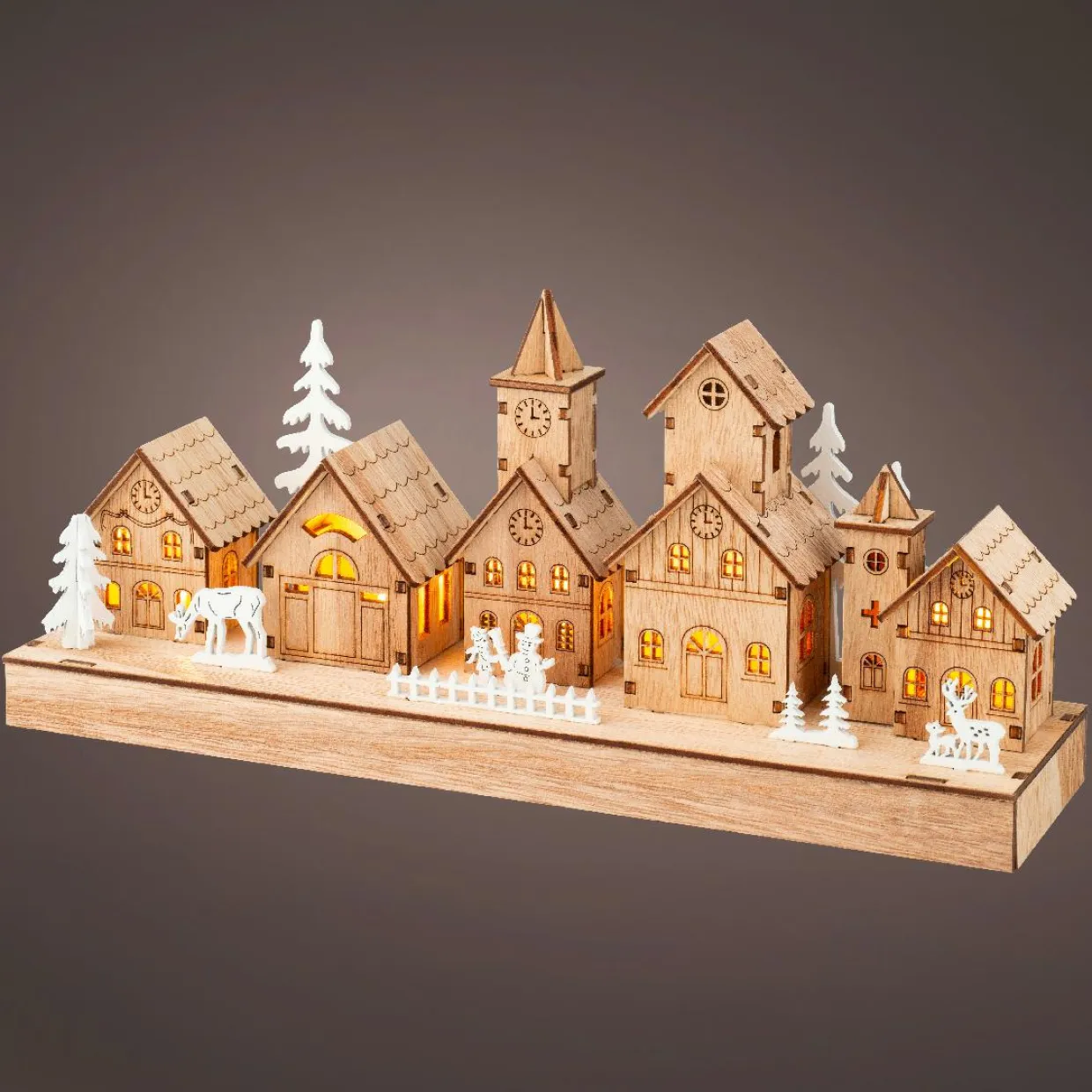 Scène de vie lumineuse à piles en bois (30 x H13 cm) Hameau féerique