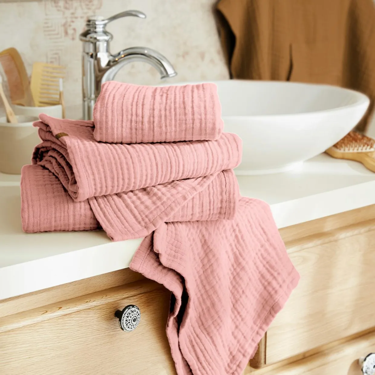 Serviette de bain gaze de coton (30 x 50 cm) Gaïa Rose pêche