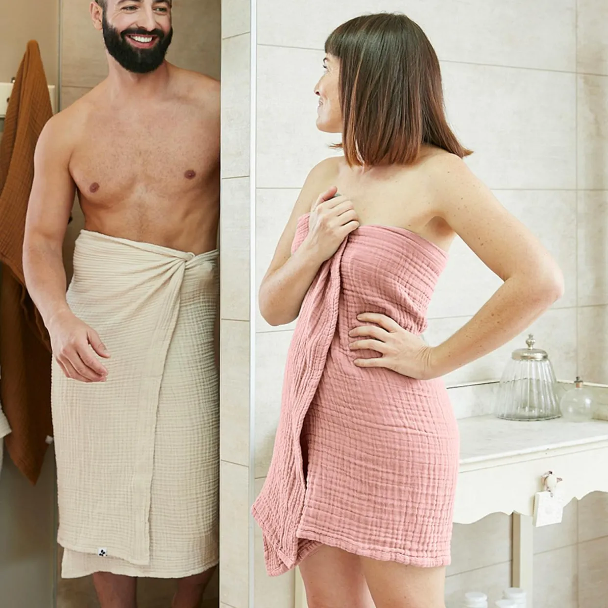 Serviette de bain gaze de coton (30 x 50 cm) Gaïa Rose pêche
