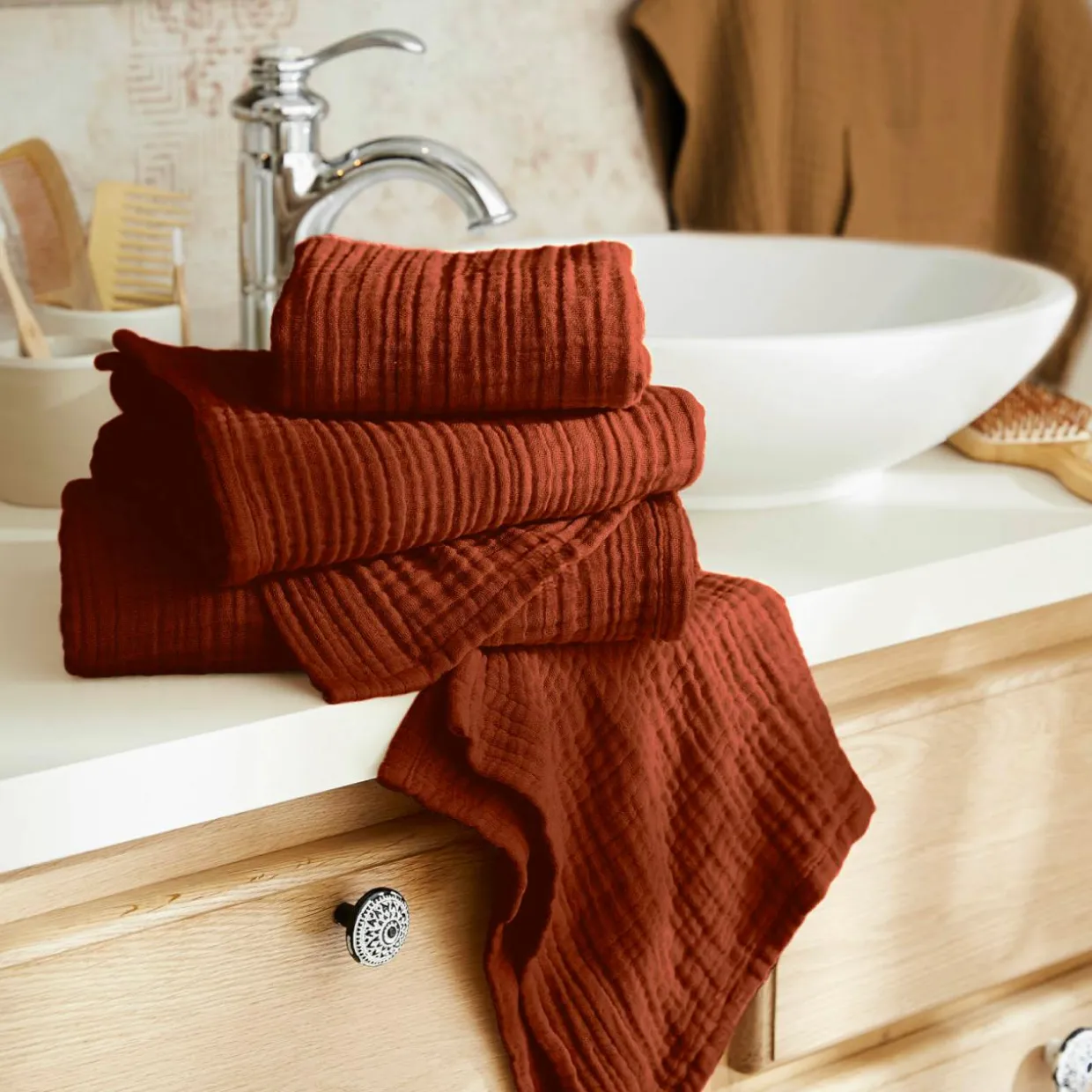 Serviette de bain gaze de coton (70 x 130 cm) Gaïa Terracotta
