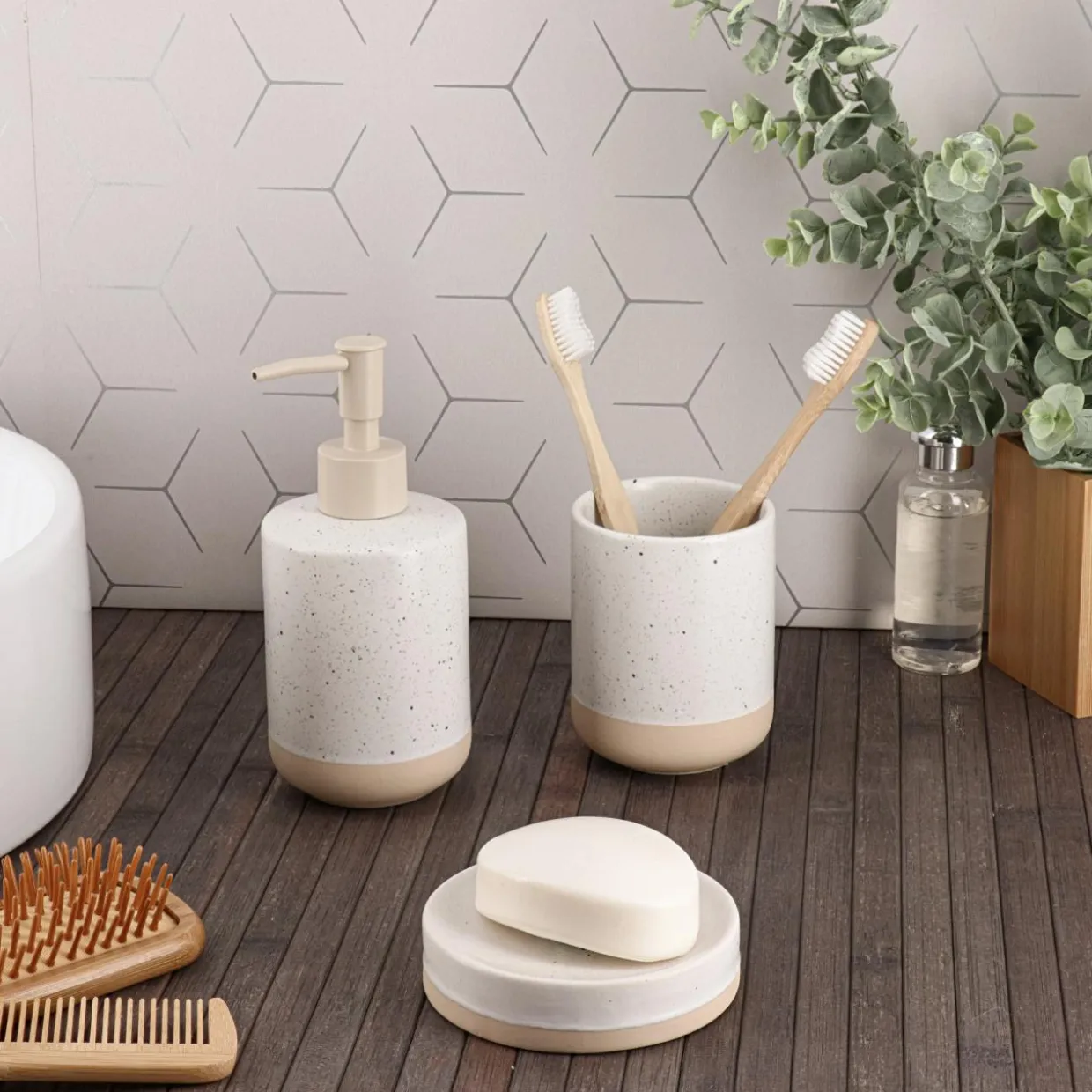 Set d'accessoires salle de bain grès moucheté Pietra Beige