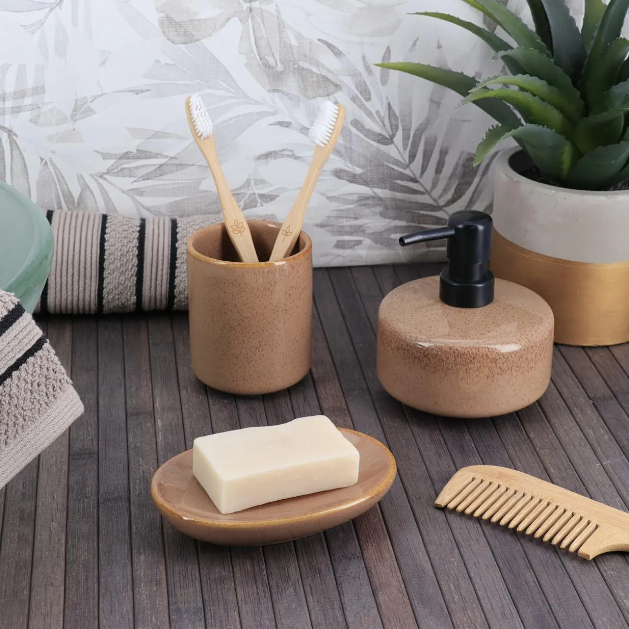 Set d'accessoires salle de bain grès laqué Season color Caramel