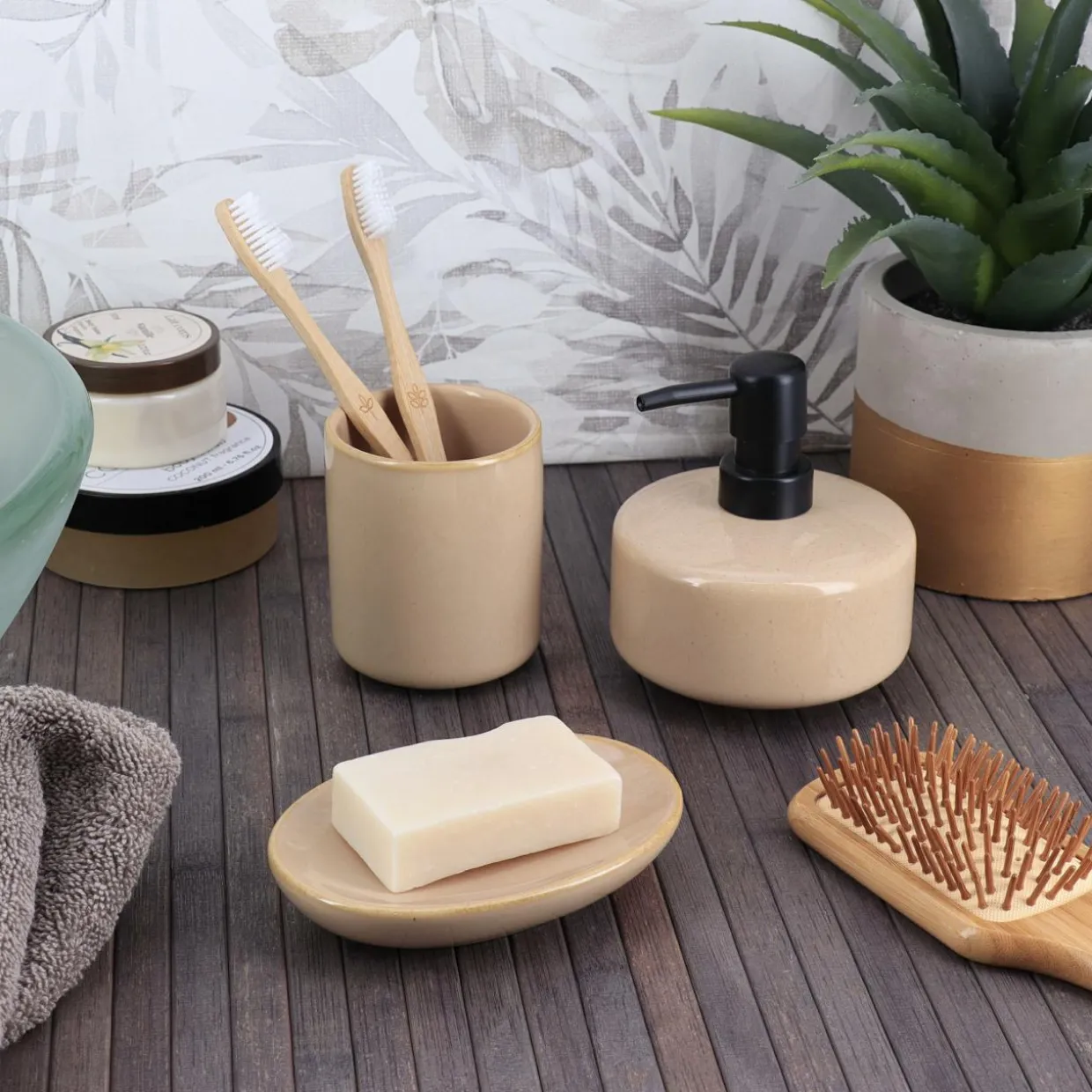 Set d'accessoires salle de bain grès laqué Season color Beige