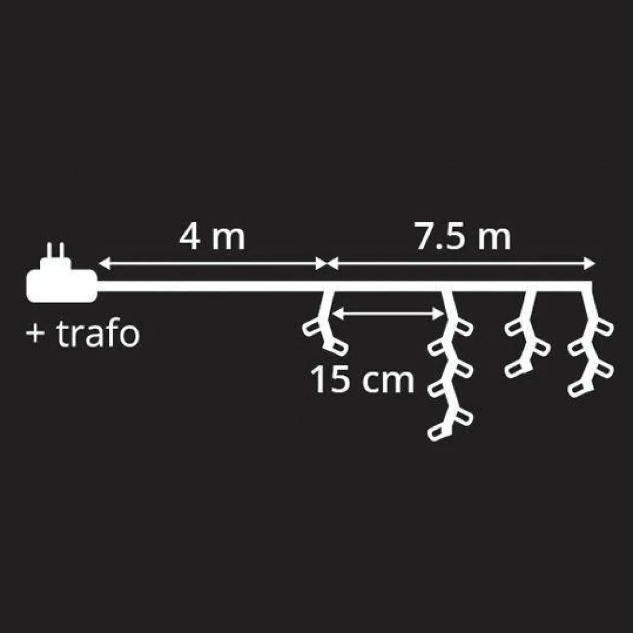 Stalactite lumineuse 7,50 m 175 LED câble noir Blanc froid