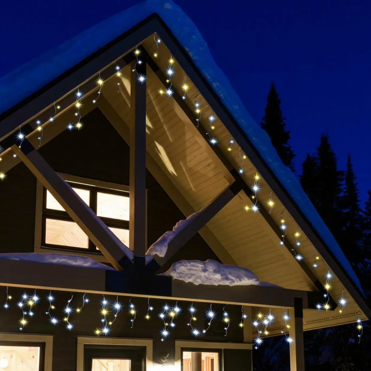 Stalactite lumineuse 20 m 490 LED câble noir Stars Bicolore Blanc chaud et froid