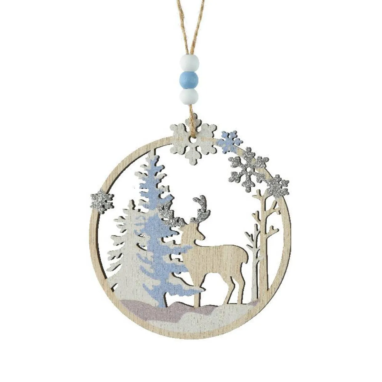 Suspension de Noël en bois (D11 cm) Caribou dans les bois Bleu clair