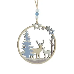 Suspension de Noël en bois (D11 cm) Renne et biche en forêt Bleu