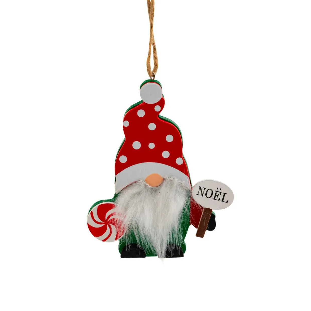 Suspension de Noël en bois (H11 cm) Lutin longue barbe Blanche