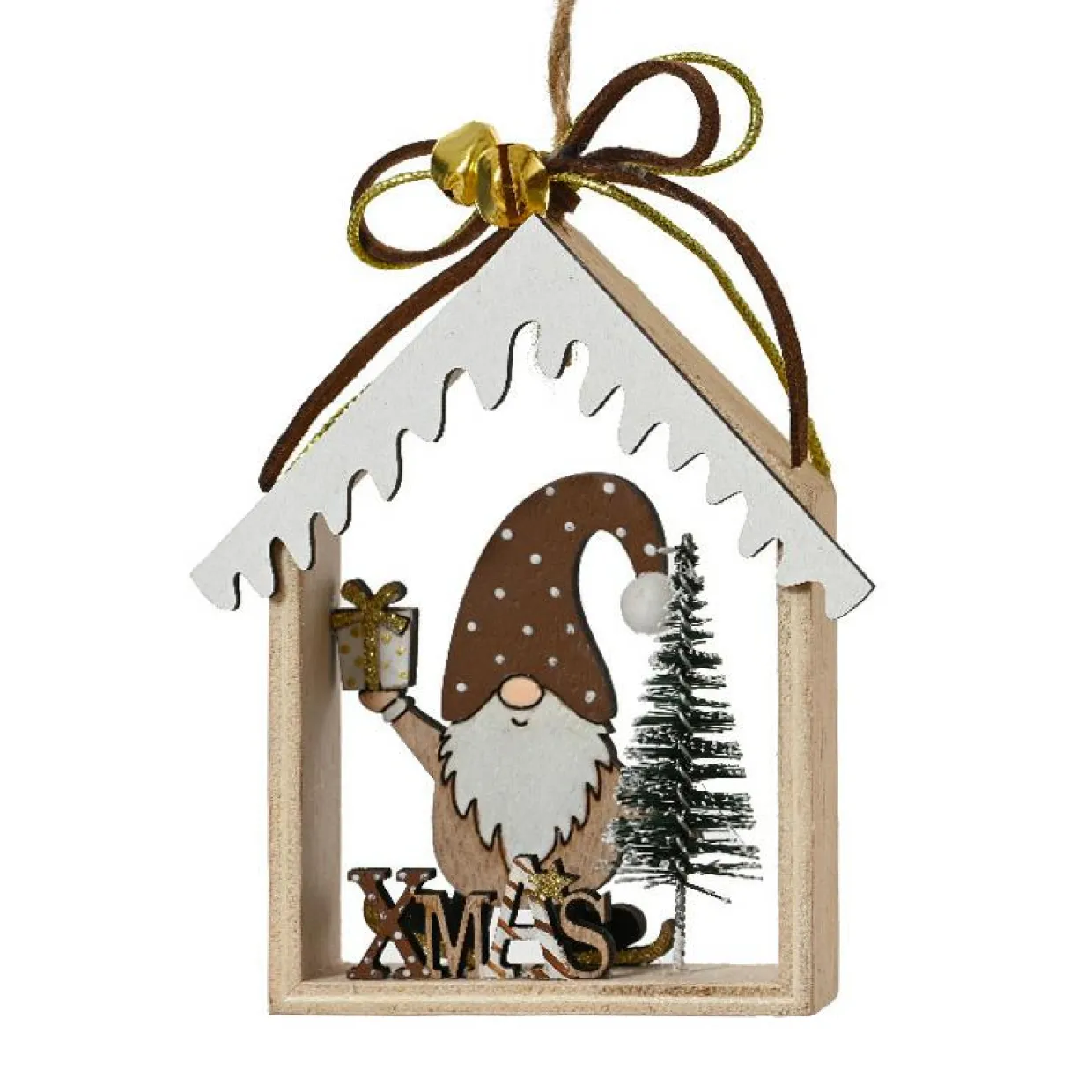 Suspension de Noël en bois (H11 cm) Maison du Père Noël Marron