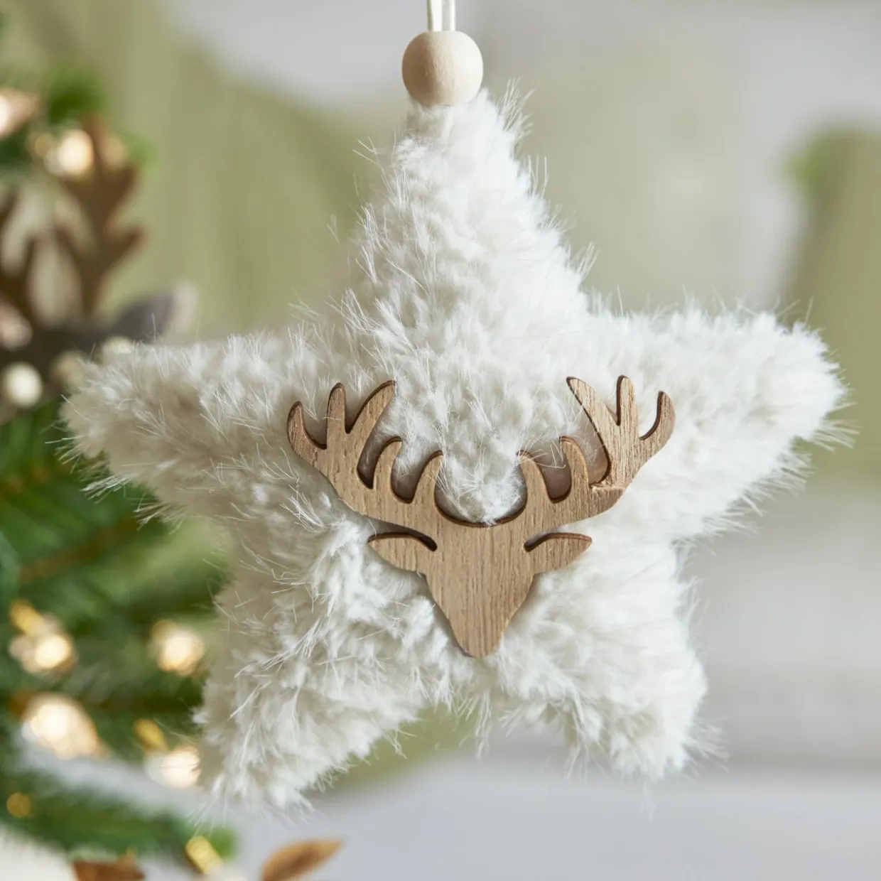 Suspension de Noël en bois (H15 cm) Étoile fourrure Blanc
