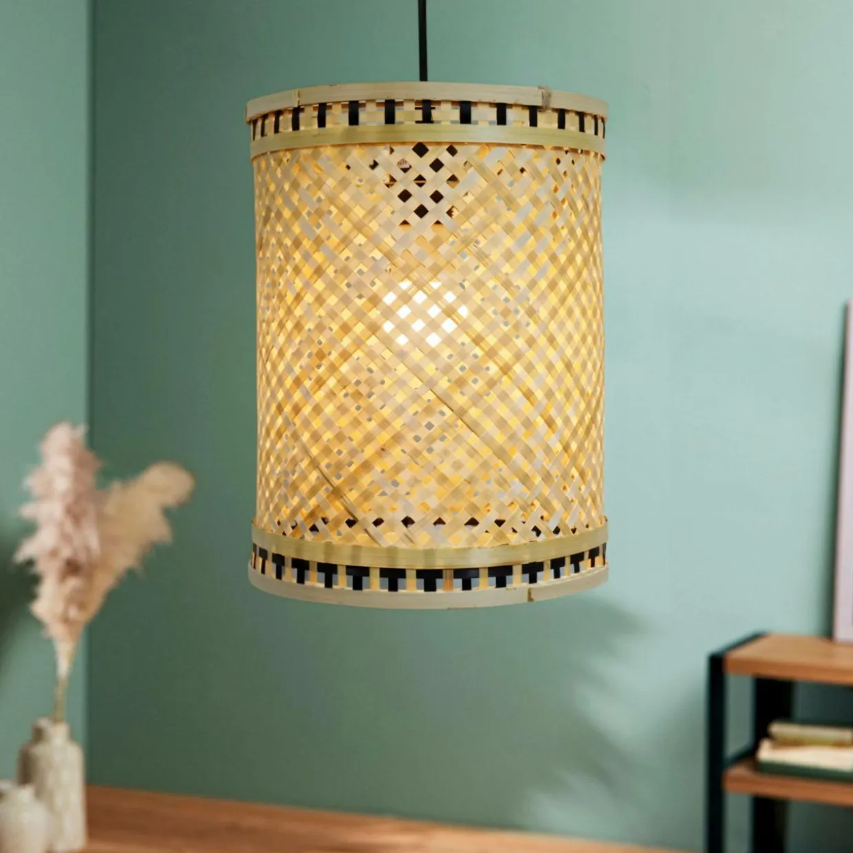 Suspension lumineuse en bambou (H30 cm) Estepona Noir et naturel