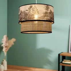 Suspension lumineuse en rotin double (D35 cm) Ombrage Noir et naturel