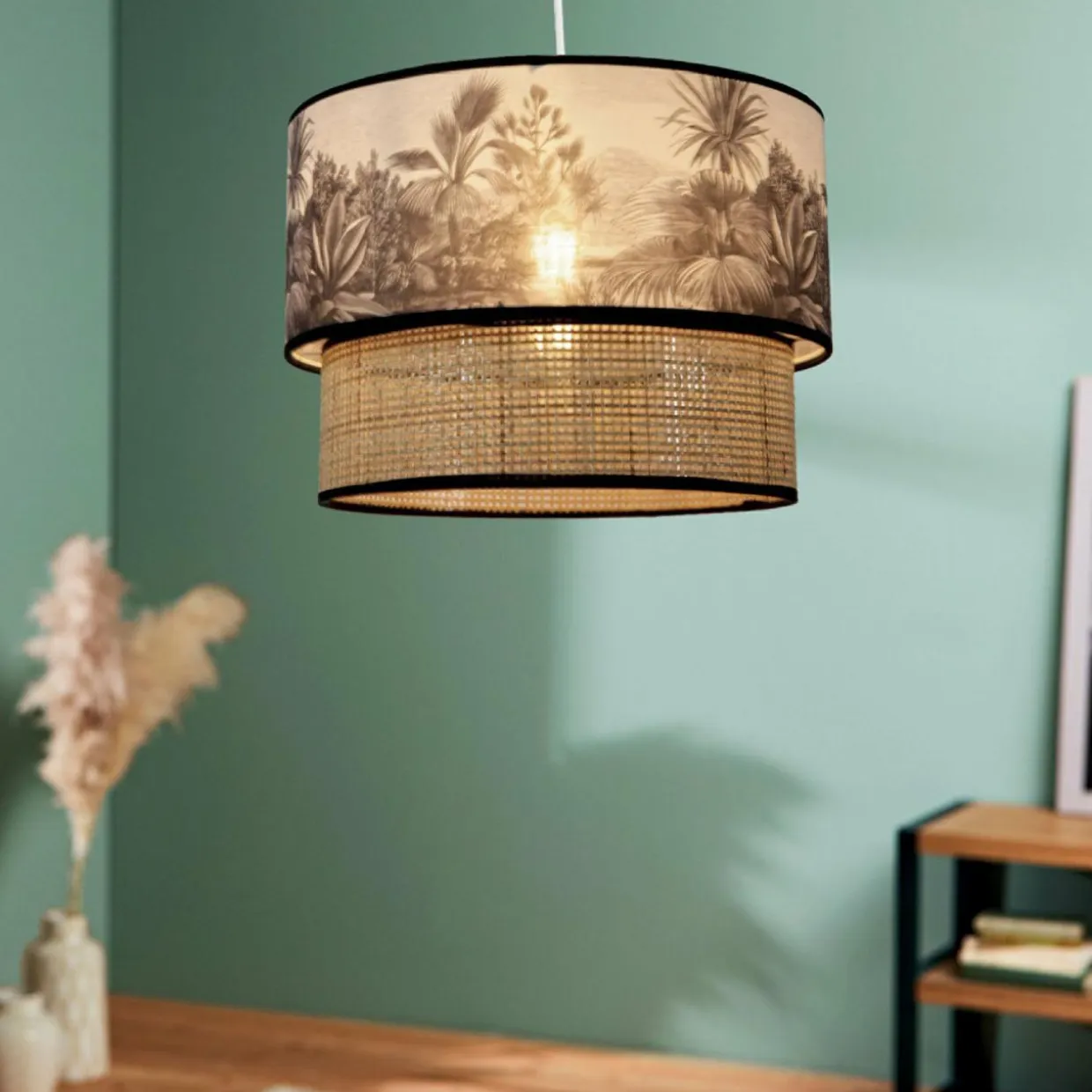 Suspension lumineuse en rotin double (D35 cm) Ombrage Noir et naturel