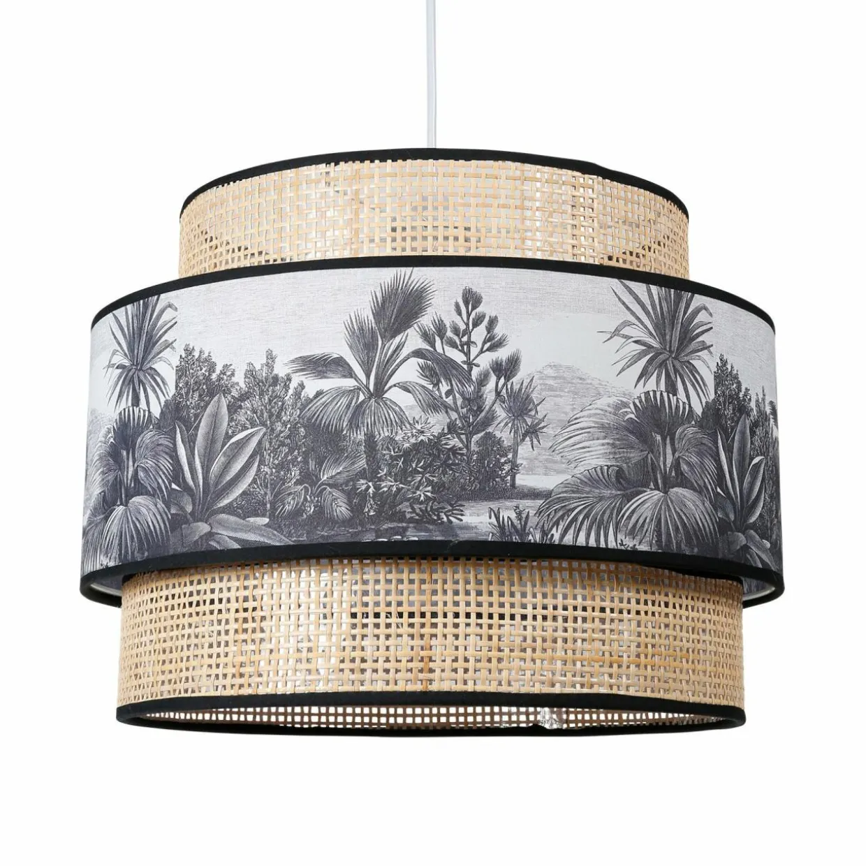 Suspension lumineuse en rotin double (D35 cm) Ombrage Noir et naturel