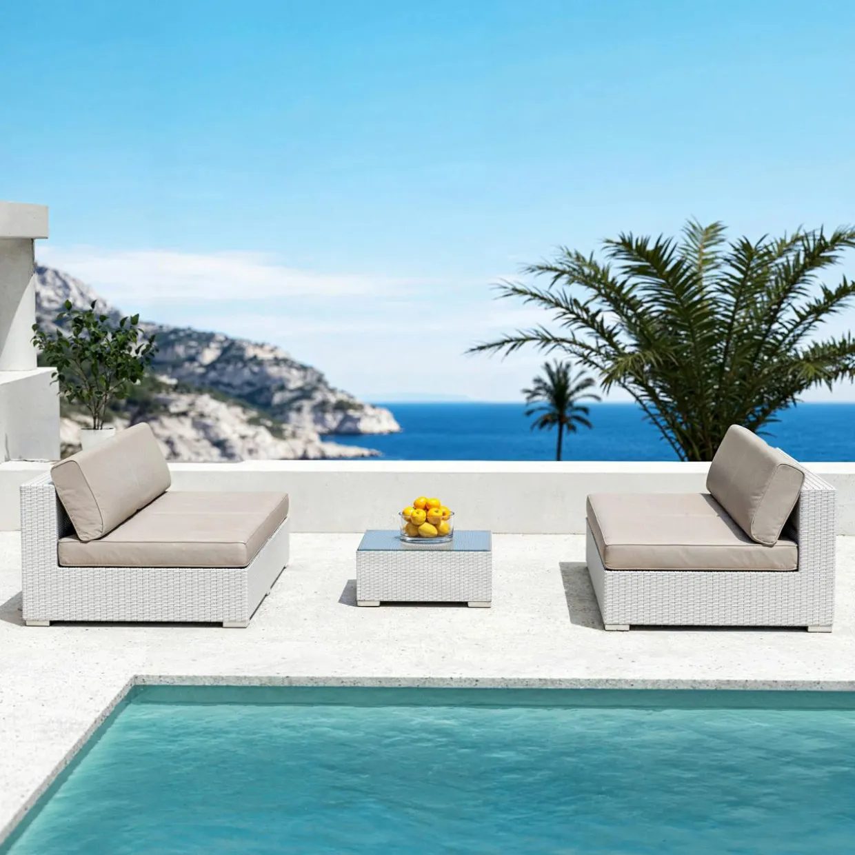 Table basse de jardin carrée en résine tressée Palma Blanc