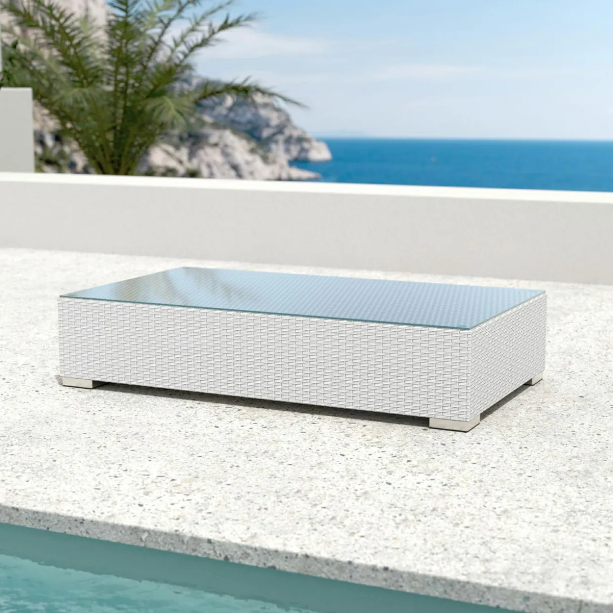 Table basse de jardin rectangulaire en résine tressée Palma Blanc