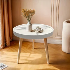 Table basse ronde effet marbre (H43 cm) Déa Blanc