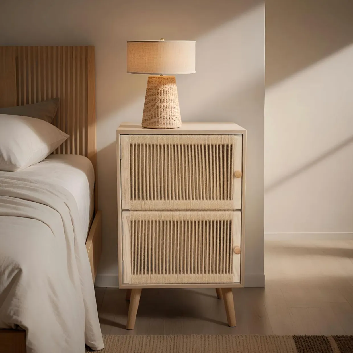 Table d'appoint bois et corde de chanvre (H65 cm) Double Manille Beige