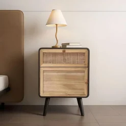 Table de chevet bois et cannage (40 x H55 cm) Osaka Noir et bois
