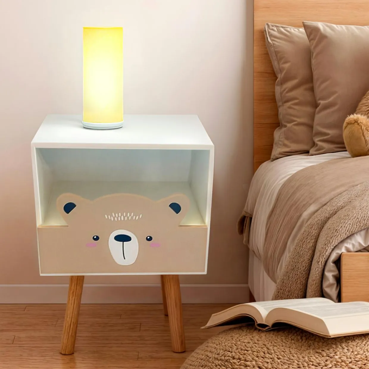 Table de chevet enfant bois (H45 cm) Ourson Marron