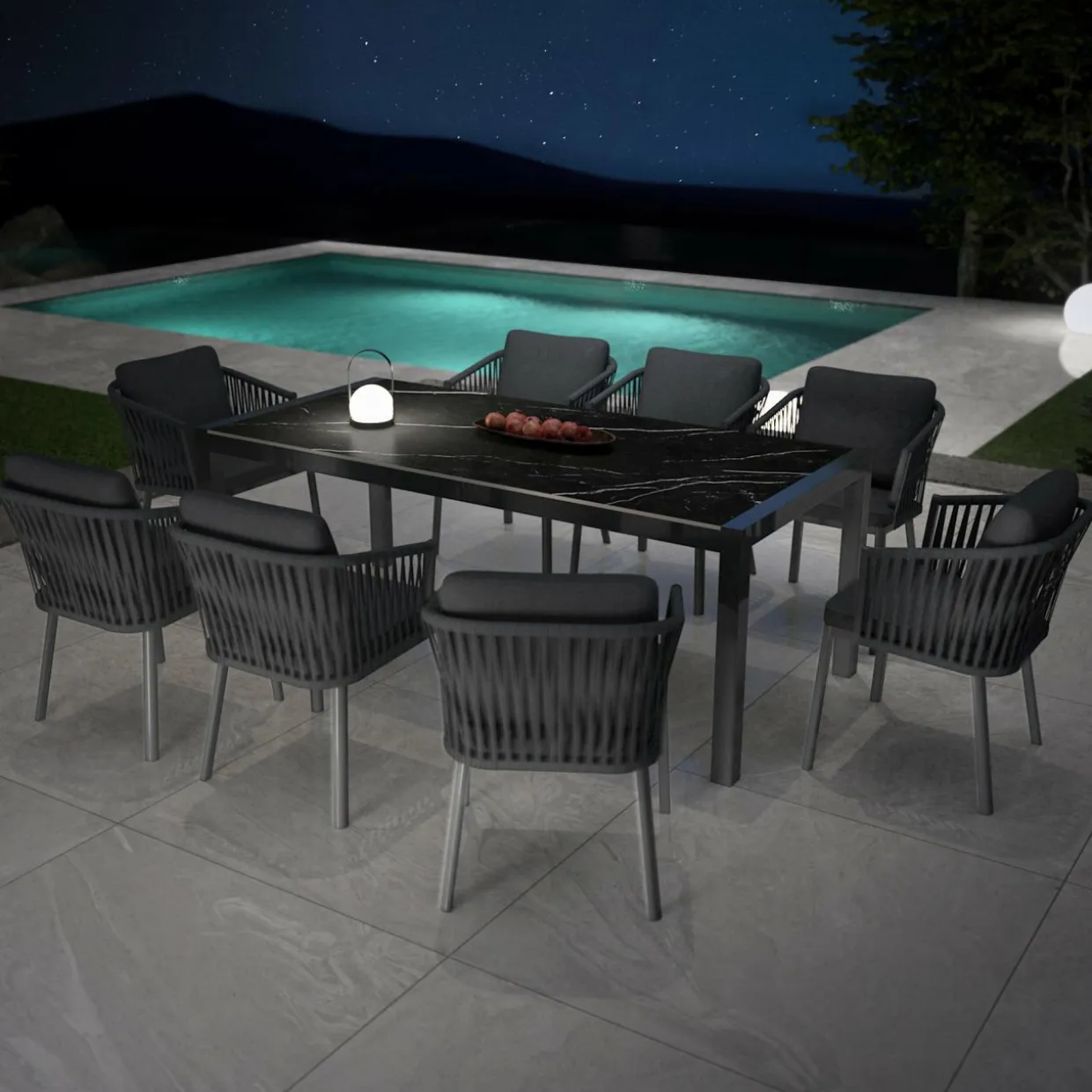 Table de jardin en aluminium et céramique 8 places (180 x 90 cm) Modena Noir marbré